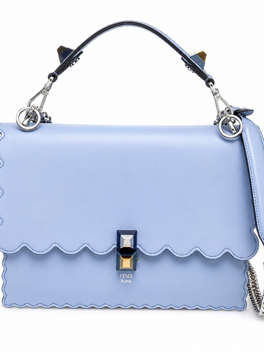 Fendi Kan I Scalloped Leather Shoulder Bag Blue Sky Silver Chain 8BT283